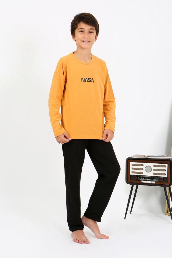 Moda Çizgi Erkek Çocuk Uzun Kol Penye Pijama Takım 20438 Sarı