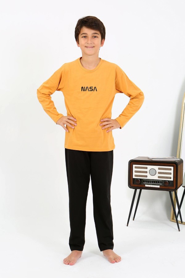 Moda Çizgi Erkek Çocuk Uzun Kol Penye Pijama Takım 20438 Sarı