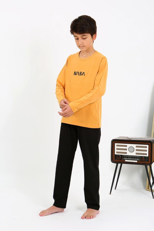 Moda Çizgi Erkek Çocuk Uzun Kol Penye Pijama Takım 20438 Sarı