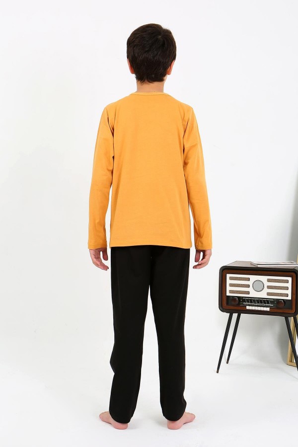 Moda Çizgi Erkek Çocuk Uzun Kol Penye Pijama Takım 20438 Sarı