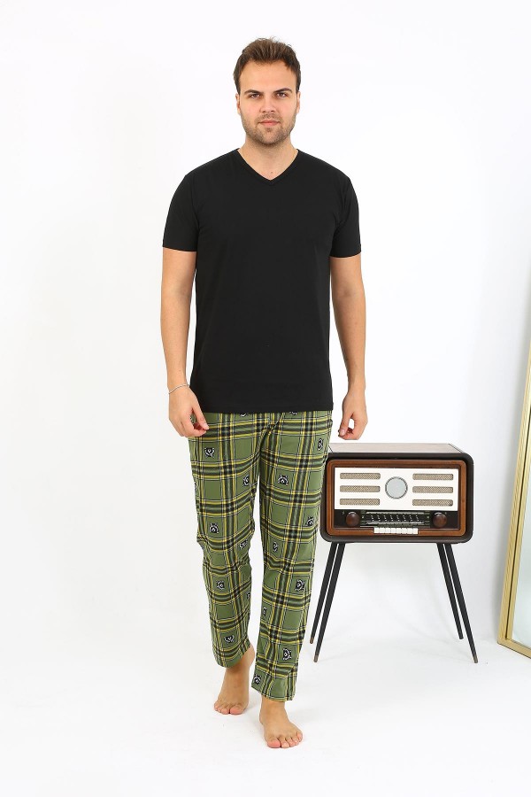 Moda Çizgi Erkek Ekoseli Desen Penye Tek Alt Pijama 27540 Haki