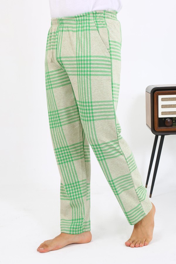 Moda Çizgi Erkek Ekoseli Desen Penye Tek Alt Pijama 27540 Yeşil