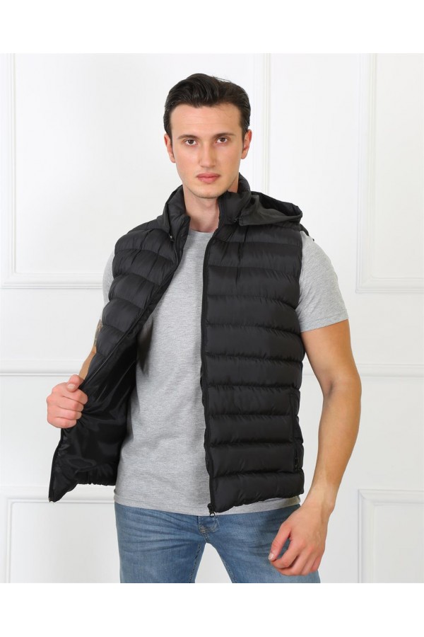 Moda Çizgi Erkek Kapşonlu Siyah Şişme Yelek 75100