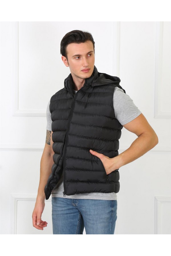 Moda Çizgi Erkek Kapşonlu Siyah Şişme Yelek 75100
