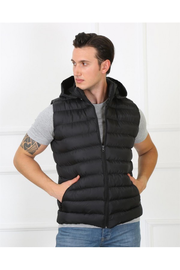 Moda Çizgi Erkek Kapşonlu Siyah Şişme Yelek 75100