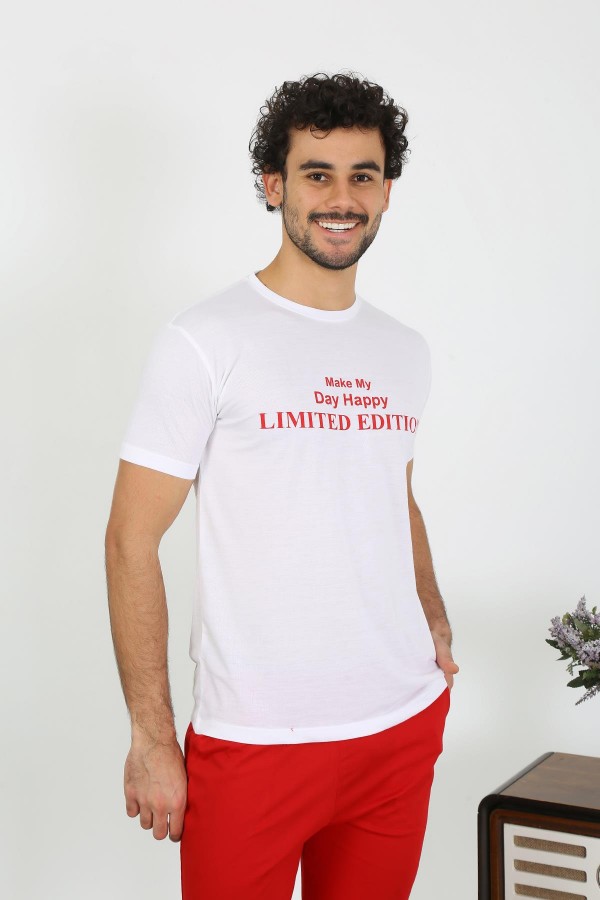 moda çizgi Erkek Kısa Kol Penye Beyaz Pijama Takımı 6846
