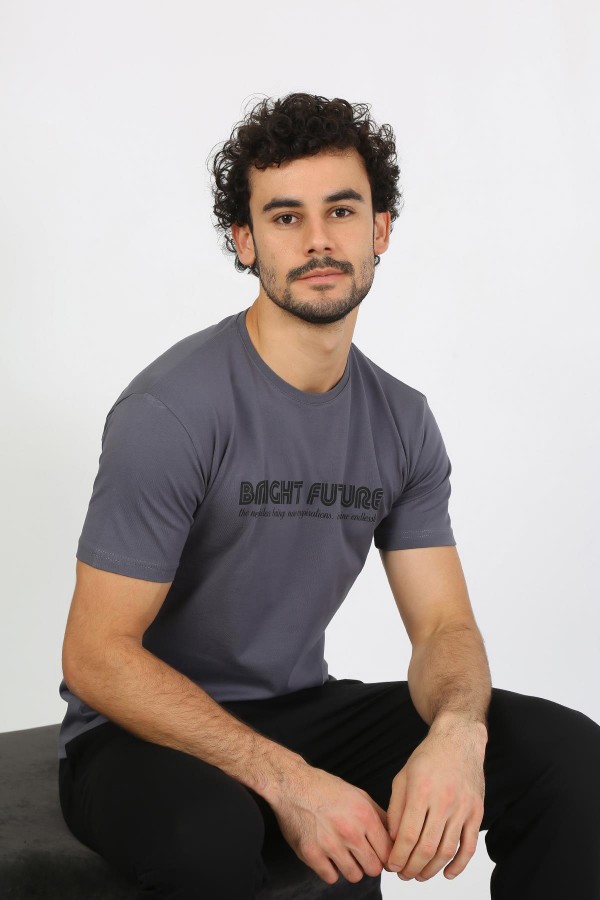moda çizgi Erkek Kısa Kol Penye Füme Pijama Takımı 6846