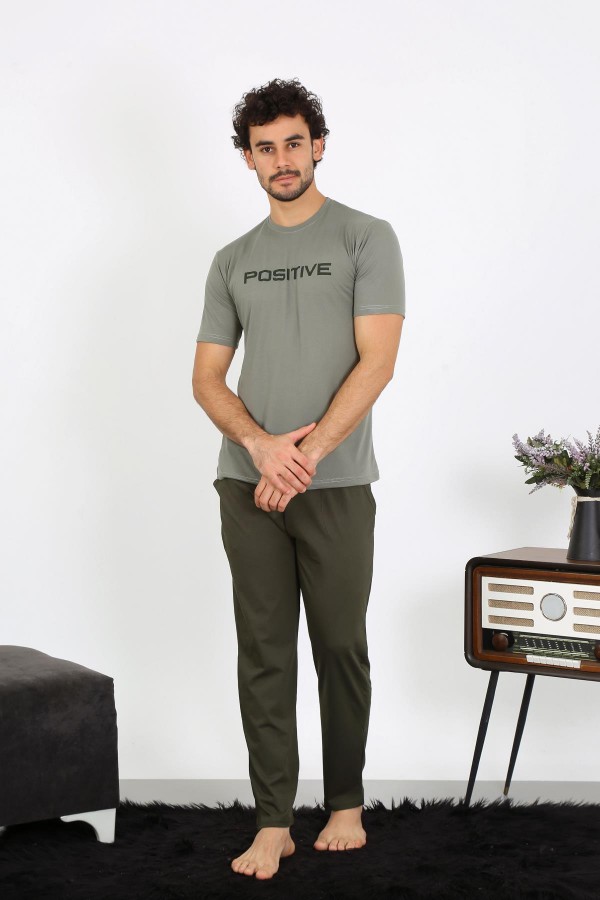 moda çizgi Erkek Kısa Kol Penye Haki Pijama Takımı 6846