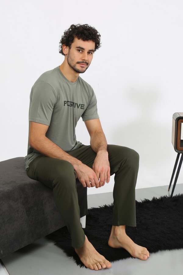 moda çizgi Erkek Kısa Kol Penye Haki Pijama Takımı 6846