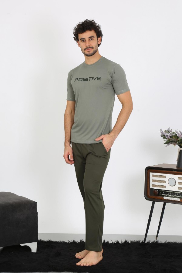 moda çizgi Erkek Kısa Kol Penye Haki Pijama Takımı 6846
