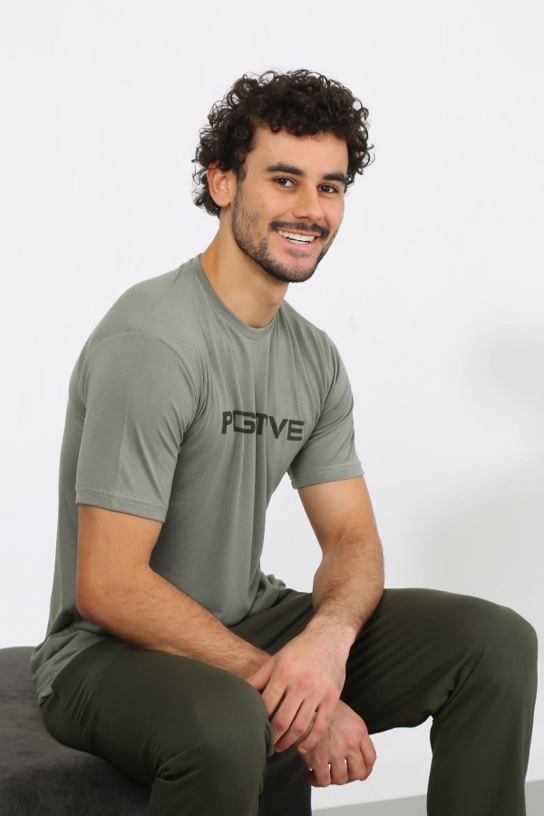 moda çizgi Erkek Kısa Kol Penye Haki Pijama Takımı 6846