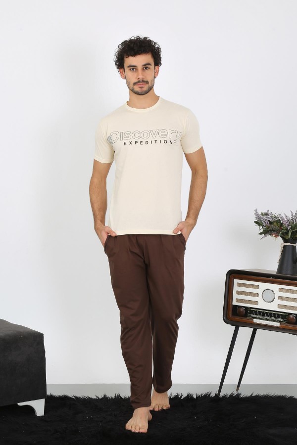 moda çizgi Erkek Kısa Kol Penye Krem Pijama Takımı 6846