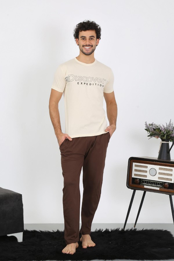 moda çizgi Erkek Kısa Kol Penye Krem Pijama Takımı 6846
