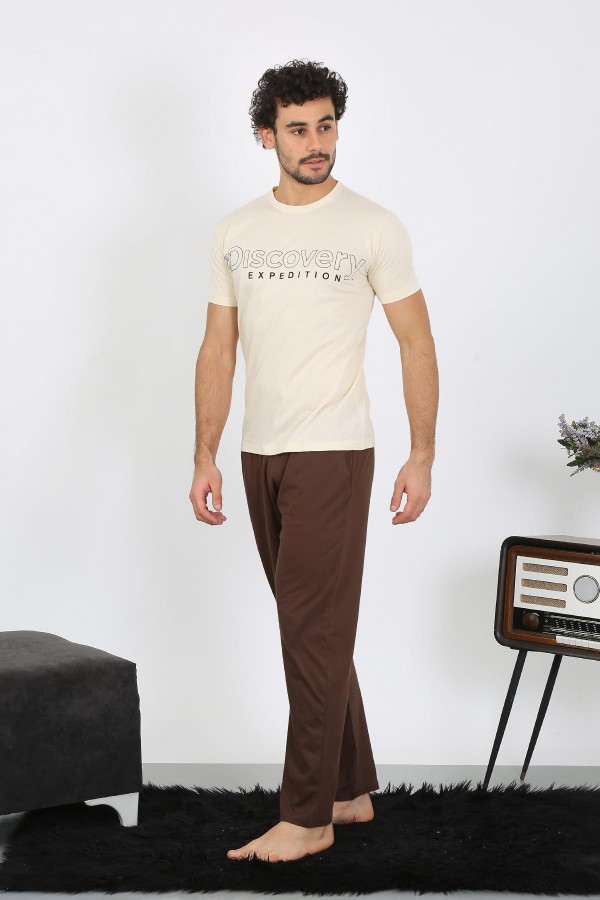 moda çizgi Erkek Kısa Kol Penye Krem Pijama Takımı 6846