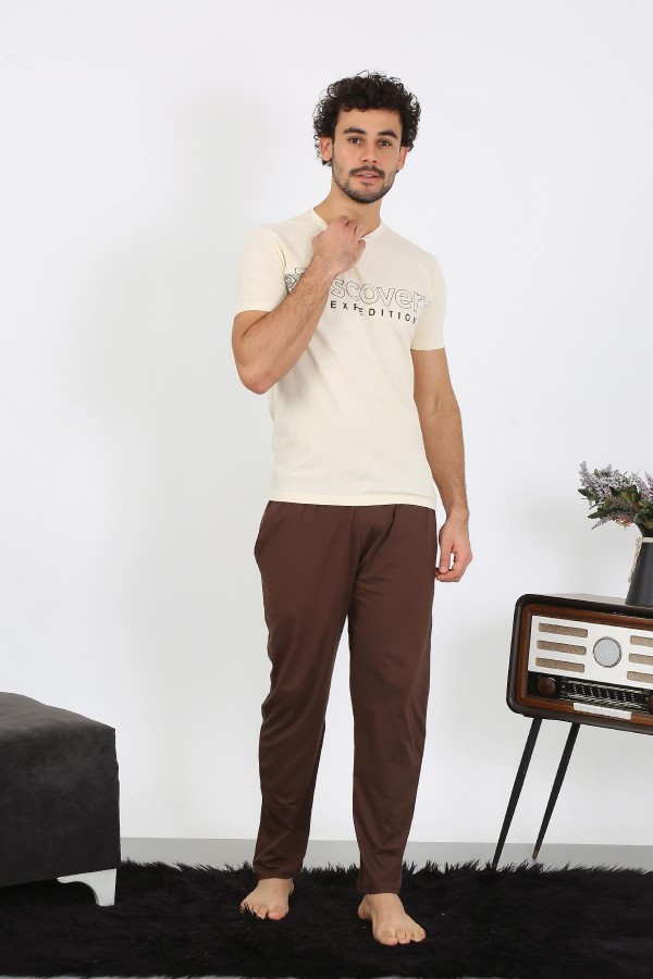 moda çizgi Erkek Kısa Kol Penye Krem Pijama Takımı 6846