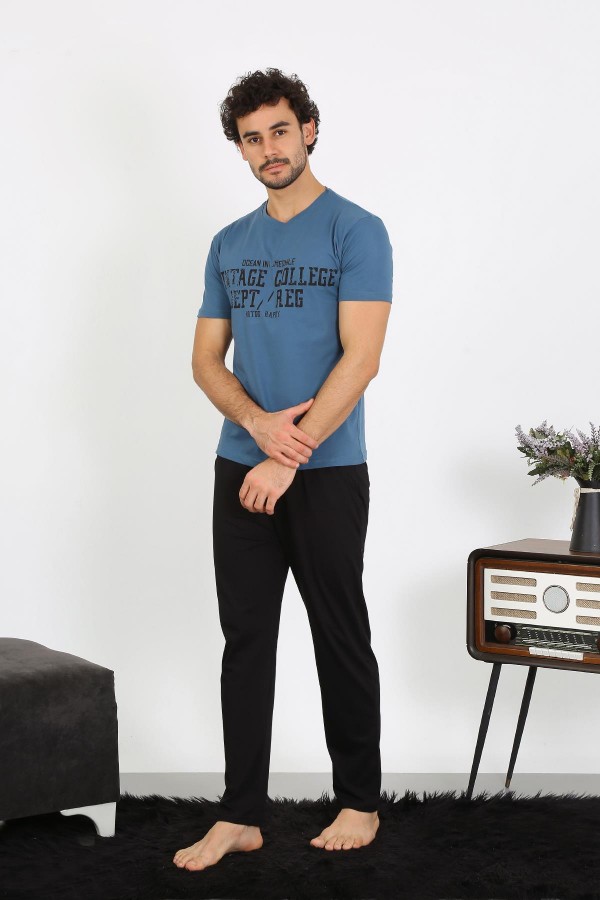 moda çizgi Erkek Kısa Kol Penye Petrol Rengi Pijama Takımı 6846
