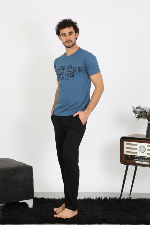 moda çizgi Erkek Kısa Kol Penye Petrol Rengi Pijama Takımı 6846