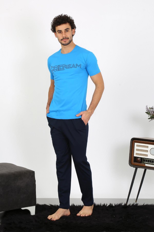 moda çizgi Erkek Kısa Kol Penye Saks Pijama Takımı 6846
