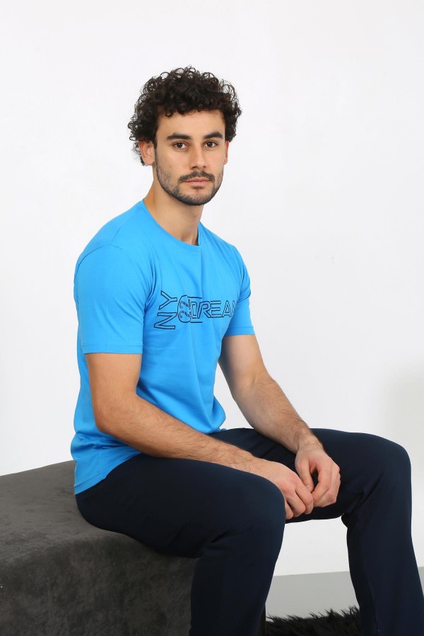 moda çizgi Erkek Kısa Kol Penye Saks Pijama Takımı 6846