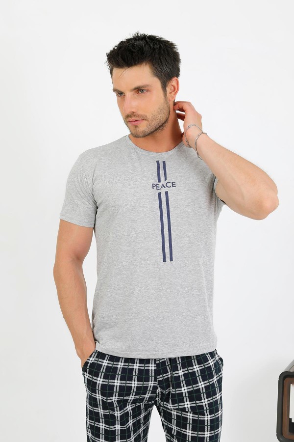 Moda Çizgi Erkek Pamuk Kısa Kol Pijama Takım Gri 6875