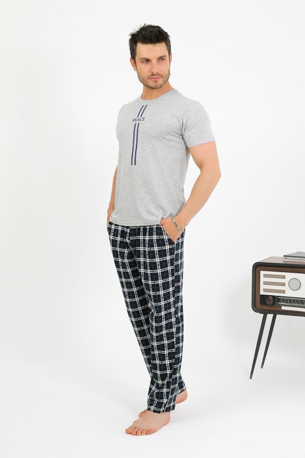 Moda Çizgi Erkek Pamuk Kısa Kol Pijama Takım Gri 6875