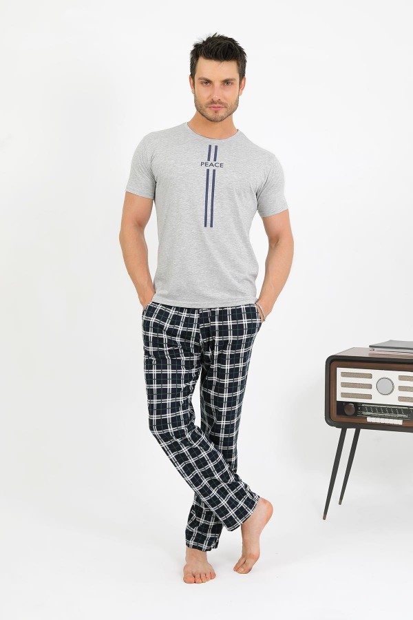 Moda Çizgi Erkek Pamuk Kısa Kol Pijama Takım Gri 6875