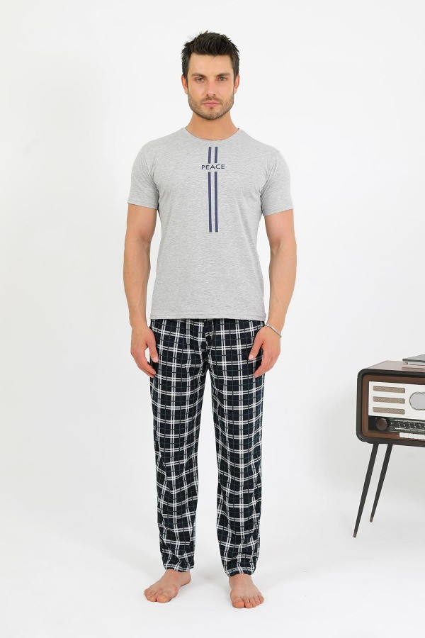 Moda Çizgi Erkek Pamuk Kısa Kol Pijama Takım Gri 6875