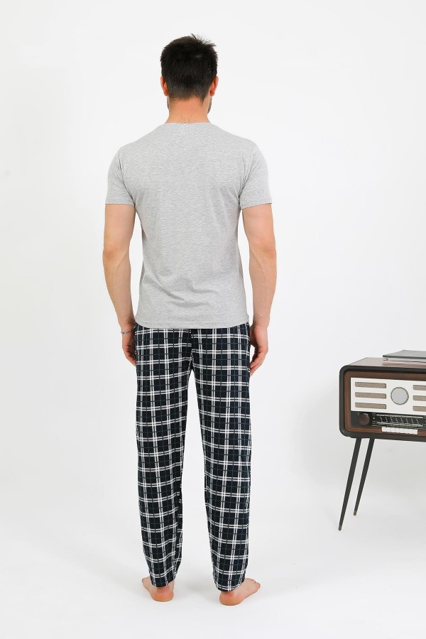 Moda Çizgi Erkek Pamuk Kısa Kol Pijama Takım Gri 6875