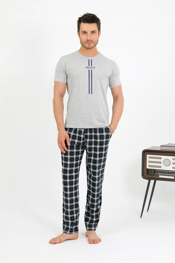 Moda Çizgi Erkek Pamuk Kısa Kol Pijama Takım Gri 6875