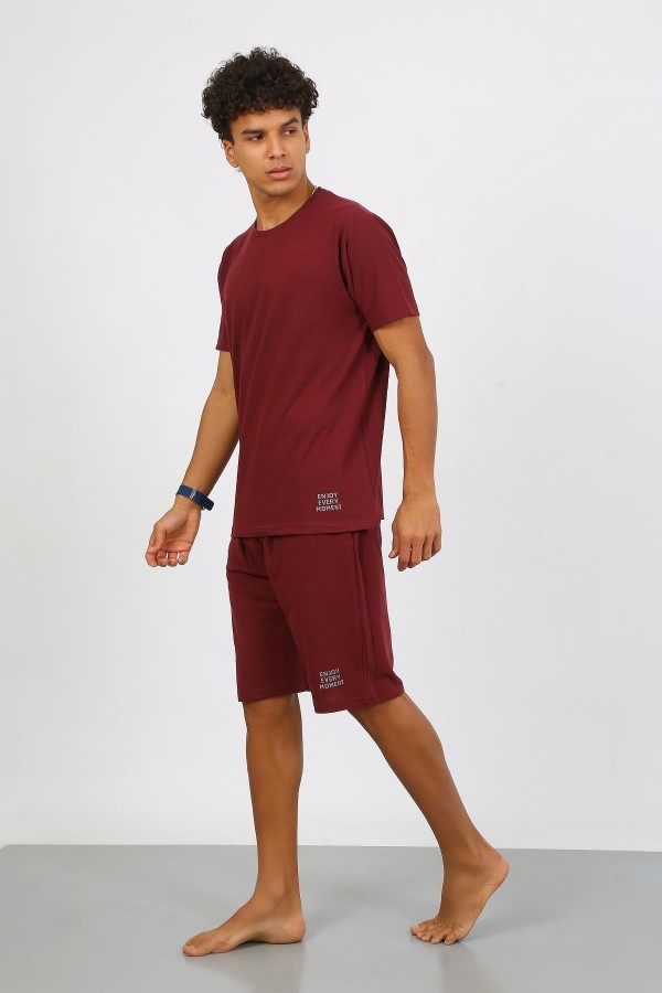 Moda Çizgi Erkek Pamuk Lakost Alt Üst Kaprili Pijama Takım Bordo 6872