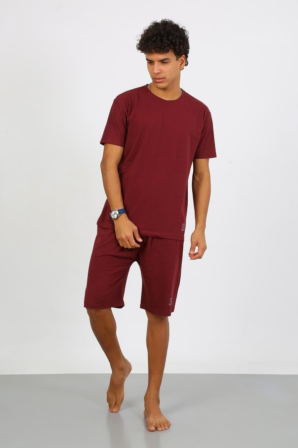 Moda Çizgi Erkek Pamuk Lakost Alt Üst Kaprili Pijama Takım Bordo 6872