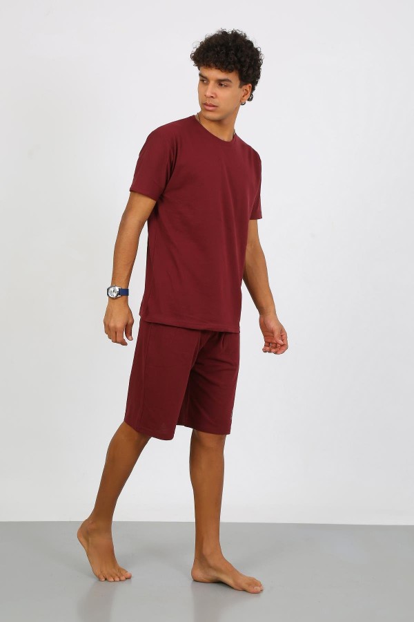 Moda Çizgi Erkek Pamuk Lakost Alt Üst Kaprili Pijama Takım Bordo 6872