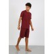 Moda Çizgi Erkek Pamuk Lakost Alt Üst Kaprili Pijama Takım Bordo 6872