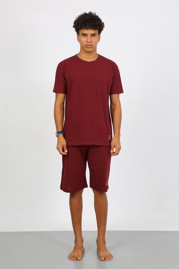 Moda Çizgi Erkek Pamuk Lakost Alt Üst Kaprili Pijama Takım Bordo 6872