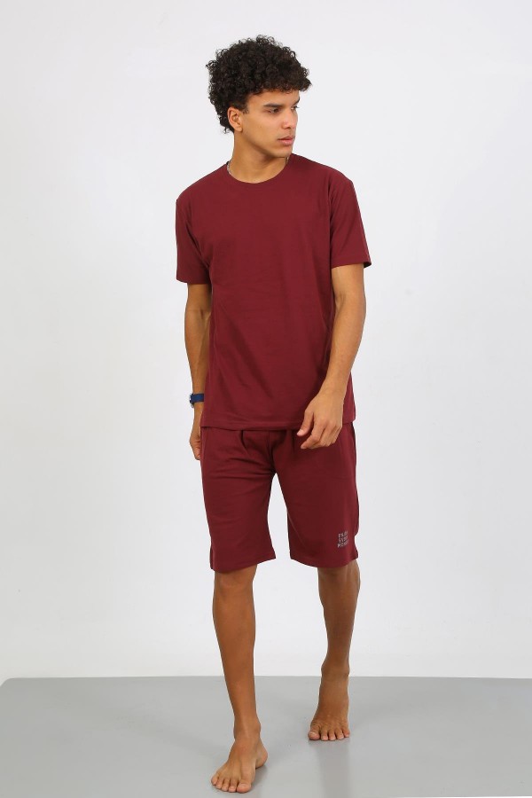 Moda Çizgi Erkek Pamuk Lakost Alt Üst Kaprili Pijama Takım Bordo 6872