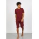Moda Çizgi Erkek Pamuk Lakost Alt Üst Kaprili Pijama Takım Bordo 6872