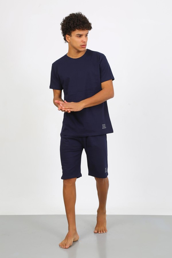 Moda Çizgi Erkek Pamuk Lakost Alt Üst Kaprili Pijama Takım Lacivert 6873