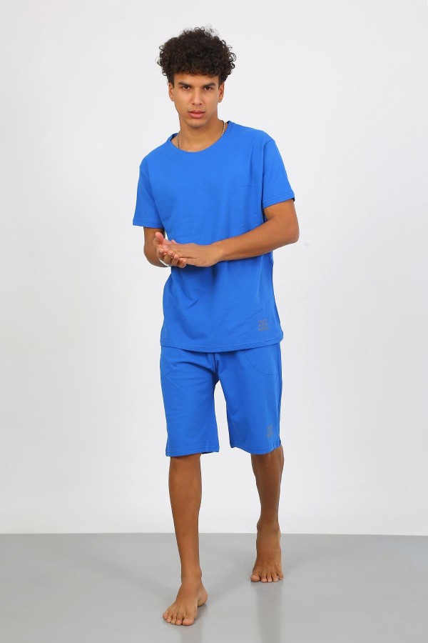 Moda Çizgi Erkek Pamuk Lakost Alt Üst Kaprili Pijama Takım Saks 6872