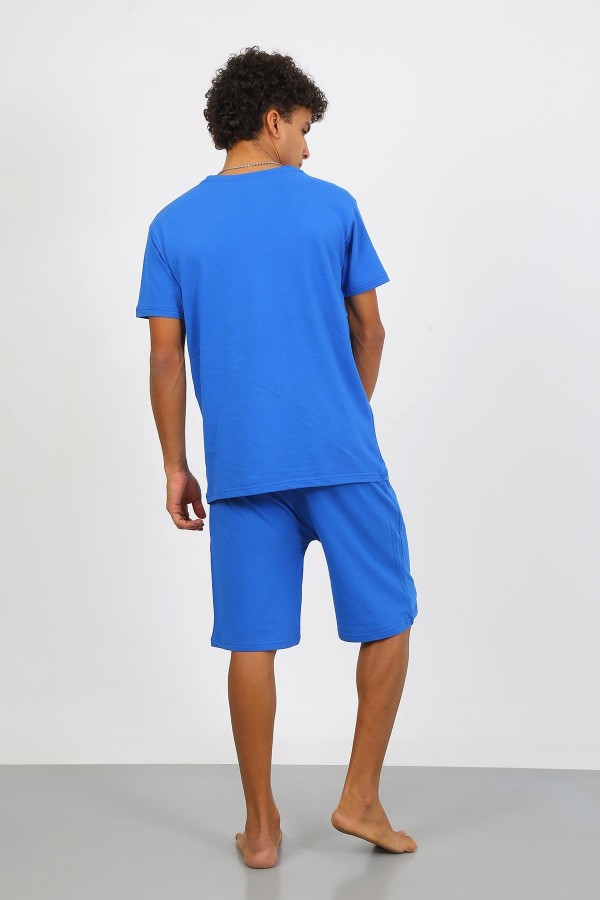 Moda Çizgi Erkek Pamuk Lakost Alt Üst Kaprili Pijama Takım Saks 6872