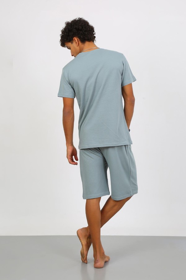 Moda Çizgi Erkek Pamuk Lakost Alt Üst Kaprili Pijama Takım SuYeşili 6872