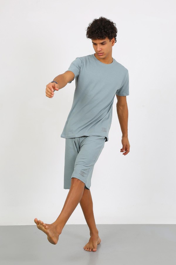 Moda Çizgi Erkek Pamuk Lakost Alt Üst Kaprili Pijama Takım SuYeşili 6872