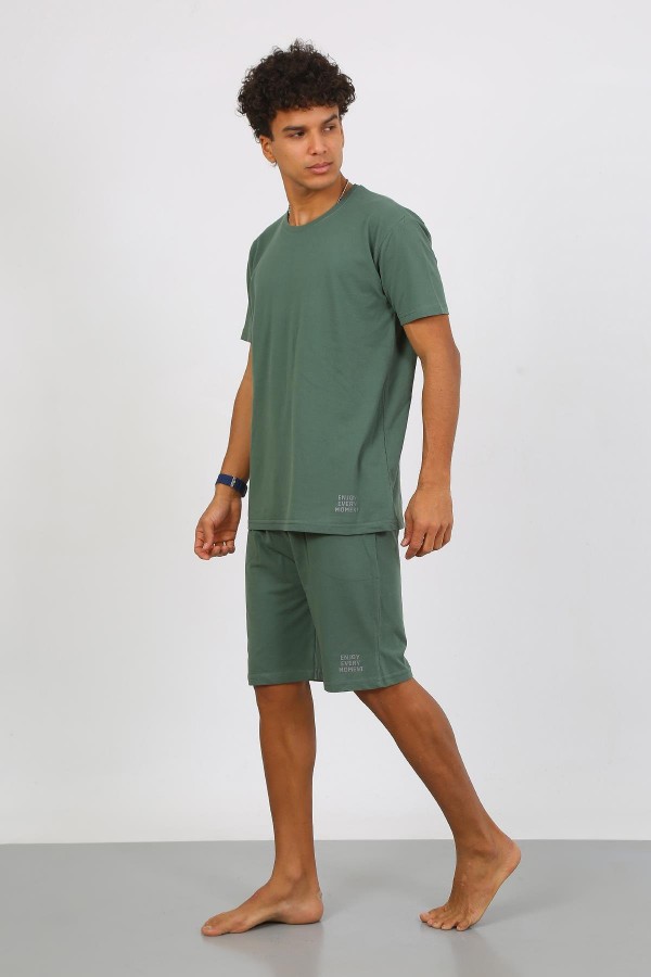 Moda Çizgi Erkek Pamuk Lakost Alt Üst Kaprili Pijama Takım Yeşil 6872
