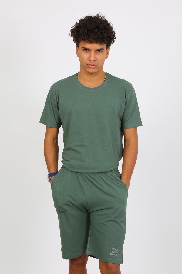 Moda Çizgi Erkek Pamuk Lakost Alt Üst Kaprili Pijama Takım Yeşil 6872