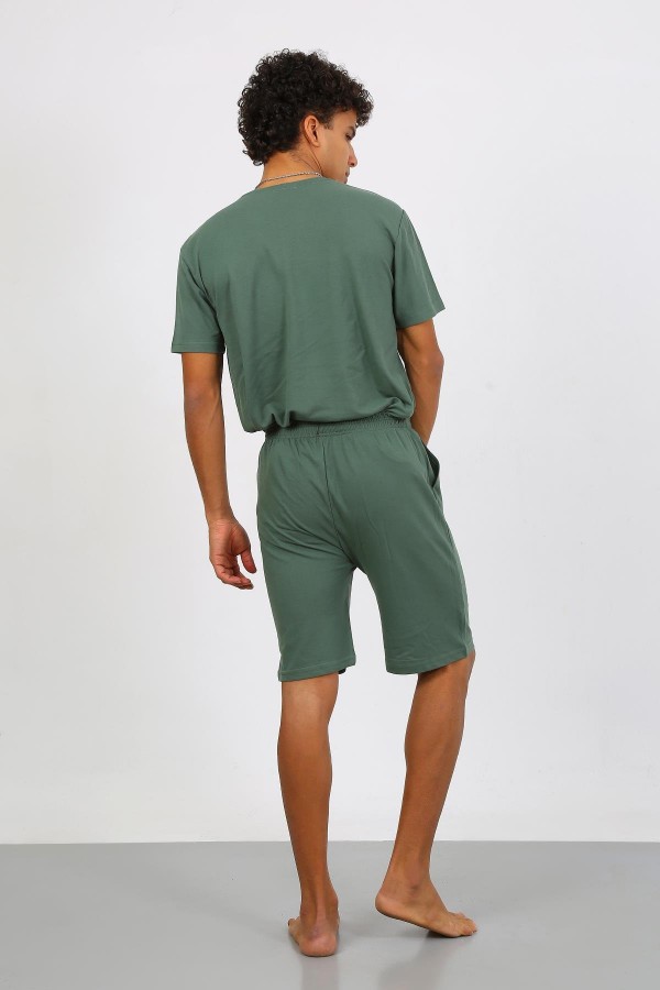 Moda Çizgi Erkek Pamuk Lakost Alt Üst Kaprili Pijama Takım Yeşil 6872