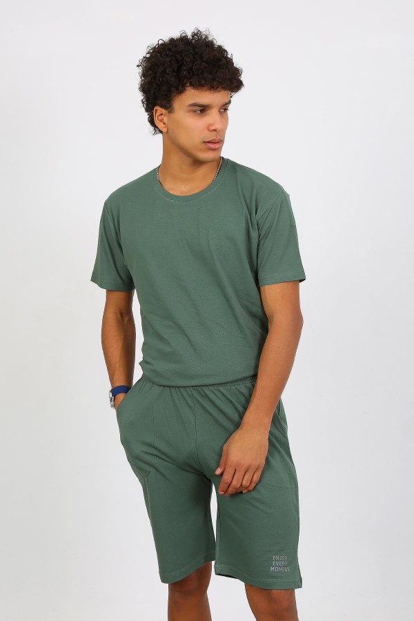 Moda Çizgi Erkek Pamuk Lakost Alt Üst Kaprili Pijama Takım Yeşil 6872