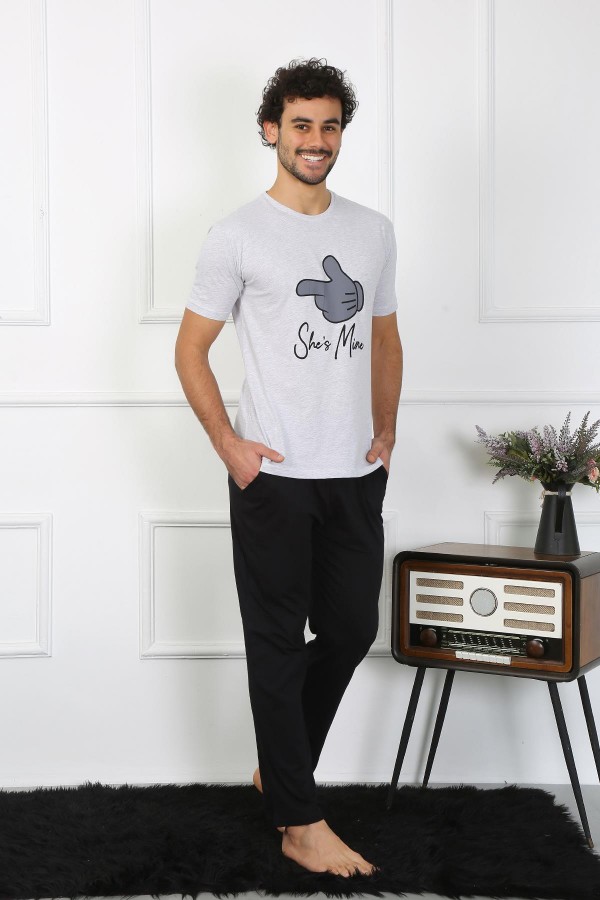 moda çizgi Erkek Pamuk Penye Sevgili Kombini Pijama Takımı Gri 50126 Tek Takım Fiyatıdır