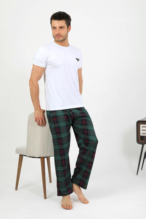 Moda Çizgi Erkek Pamuk Tek Alt Pijama Yeşil 27562