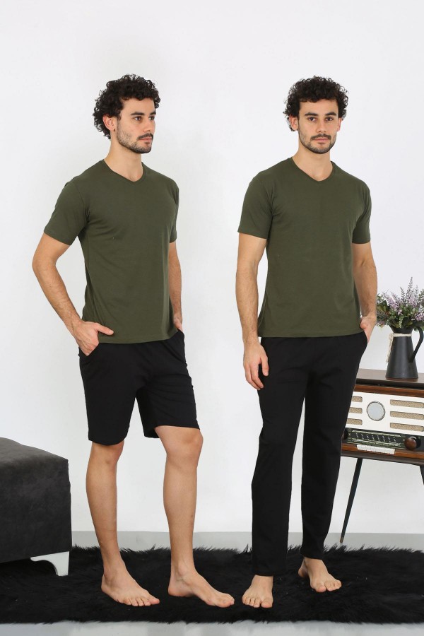 moda çizgi Erkek Penye Haki 3'lü Pijama Takımı 6848