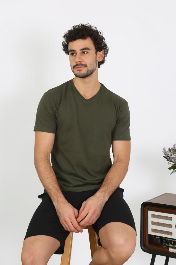moda çizgi Erkek Penye Haki 3'lü Pijama Takımı 6848