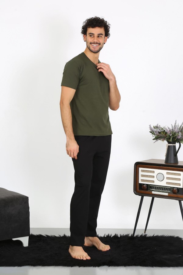 moda çizgi Erkek Penye Haki 3'lü Pijama Takımı 6848